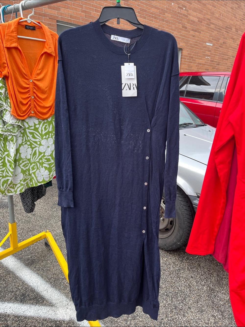 Zara Navy Long-Sleeve Side-Button Knit Dress